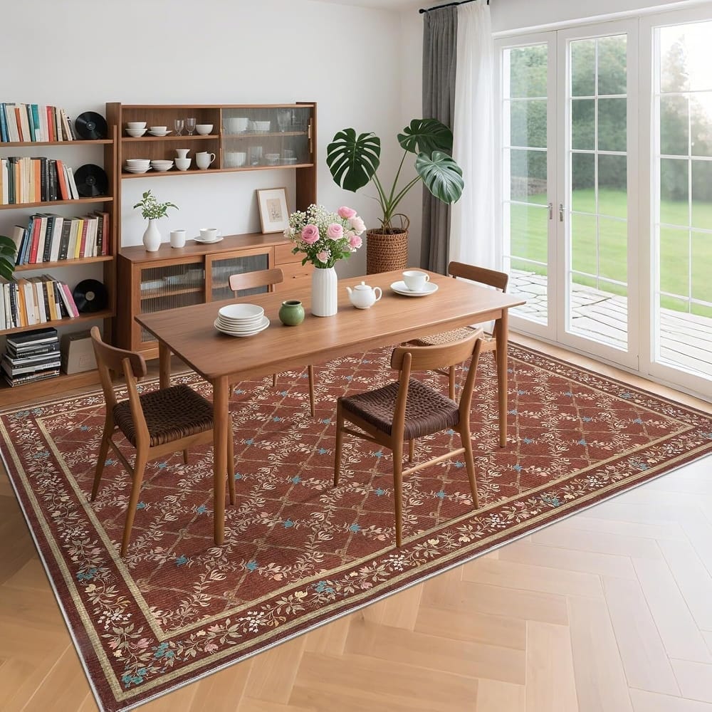 Floral Neutral Washable Hallway Low Pile Area Rug for Bedroom, Living Room, Red - 2' x 3'