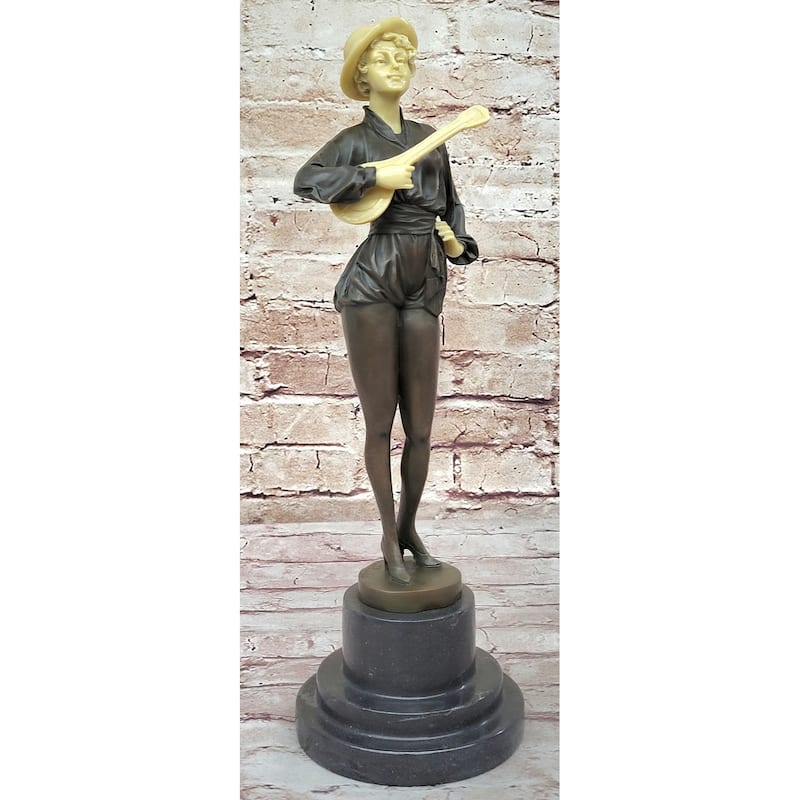 Hot Cast Bronze Mandolin Guitar Player Sculpture Figure W/ Resin Highlights