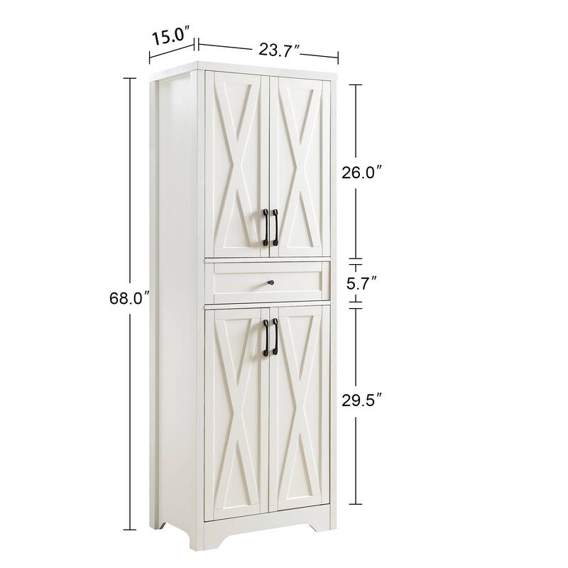 Anmytek White Farmhouse Storage Cabinet 68"Tall with X Frame Doors Adjustable Shelves