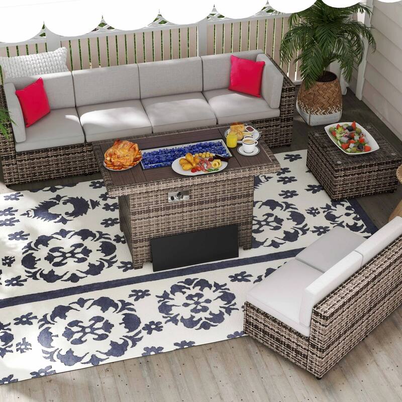8 Pcs Patio Conversation Sets with Fire Pit Table