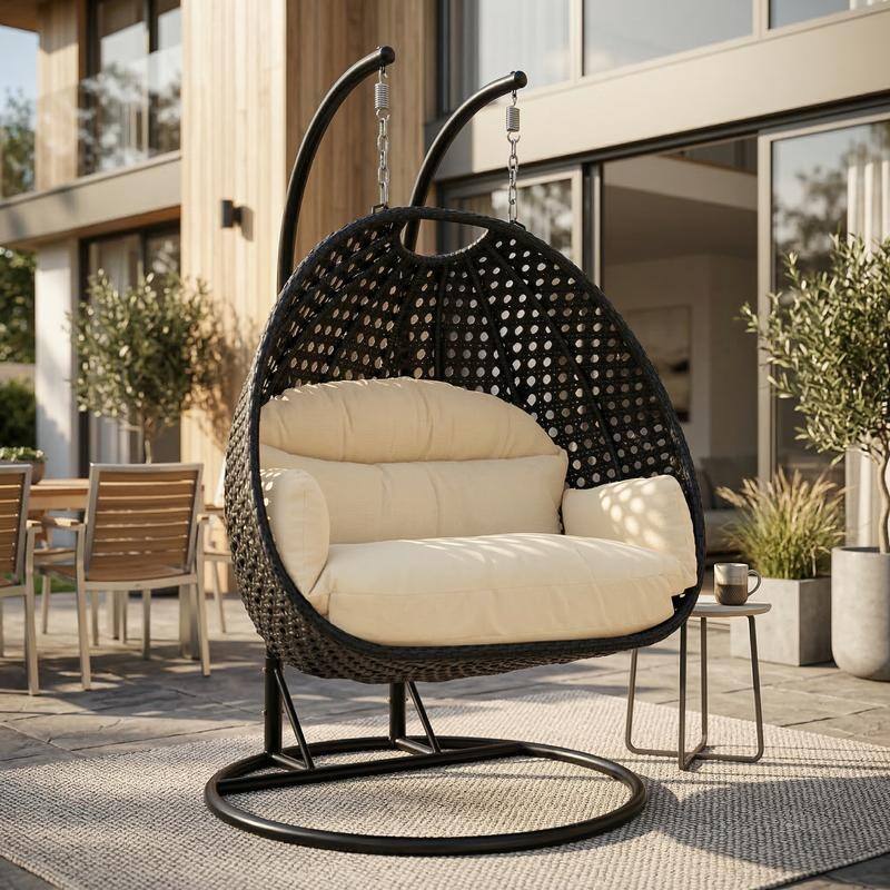 Double Egg Chair - Charcoal Wicker Swing with Breathable Cushions - 2-Person Outdoor Hammock with Rust-Resistant Iron Frame