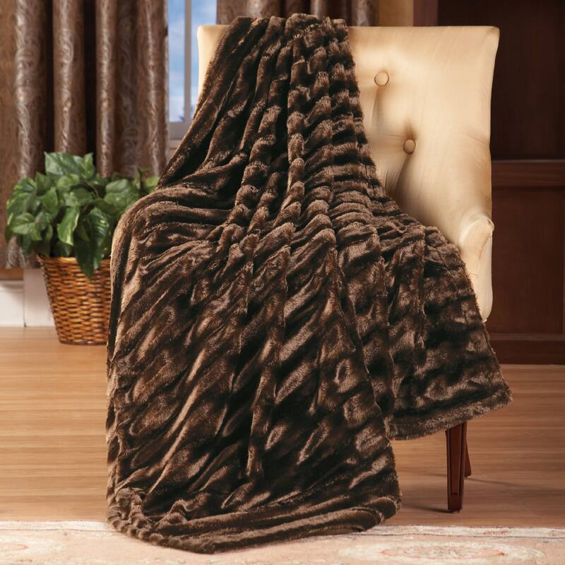 Striped Fake Mink Fur Throw Blanket - Brown - Standard