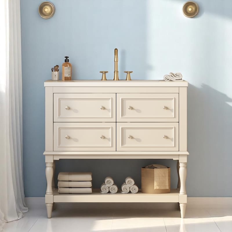 36 Inch Bathroom Vanity Sink Combo, Undermount Ceramic Basin, MDF and Solid Wood Cabinet with 4 Storage Drawers - Beige
