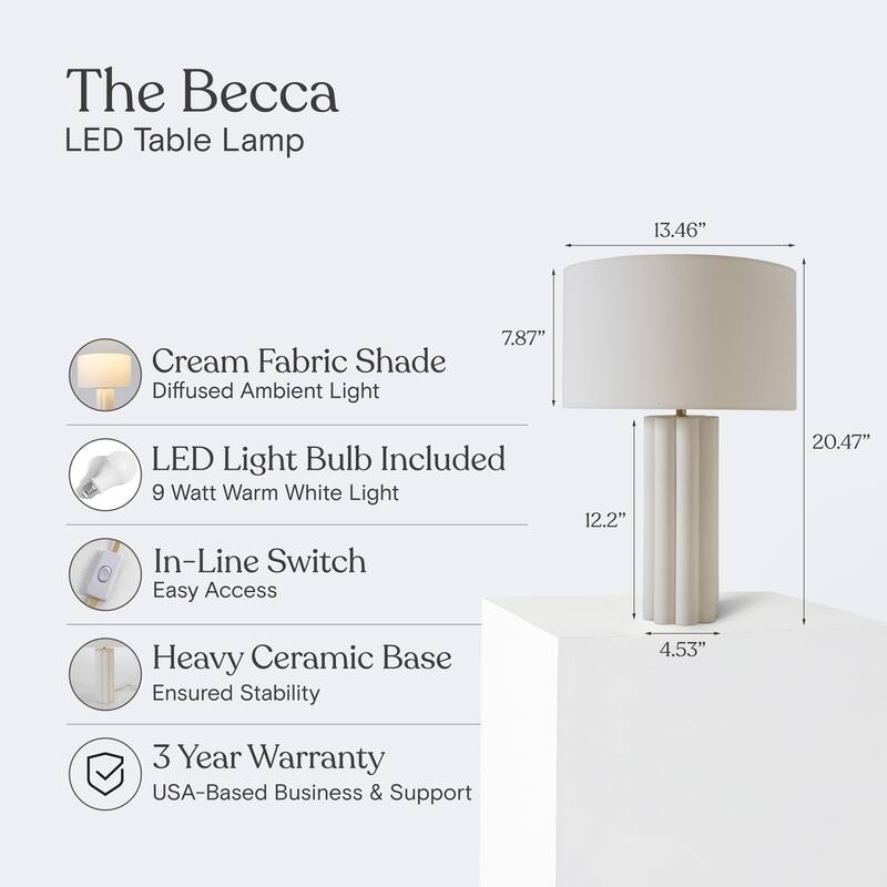 Brightech Becca 20.5" Off-White Cream Mid-Century 9W 800Lm 3000K LED Contemporary Round Table Lamp With Cream Cotton Drum Shade
