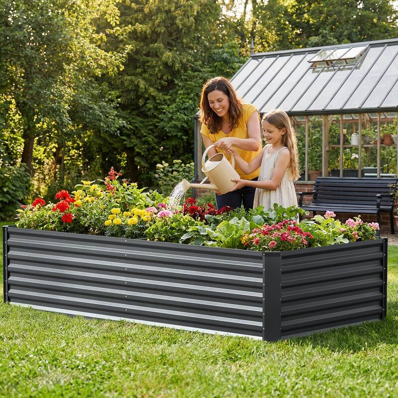 Meyreso 8ft x 4ft x 2ft Galvanized Raised Garden Bed, Thick Metal Planter Box, Rust Proof, Weather Resistant, Open Base