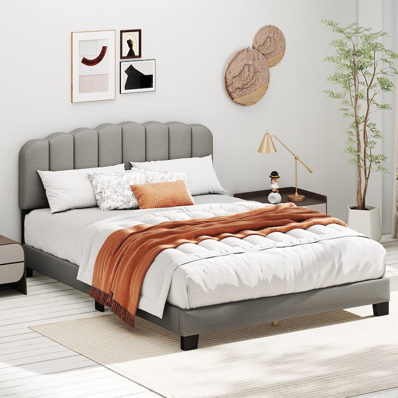 Gray Upholstered Queen Platform Bed Frame with Adjustable Headboard Tufted Linen and Sturdy Wooden Slats