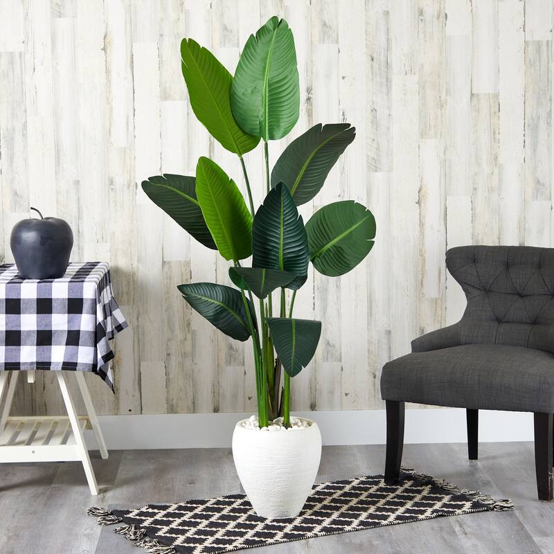 Tropical Artificial Tree 63" Travelers Palm Indoor Decor White Planter - Lush Home Office Accent - Green - 61 Inches and Over