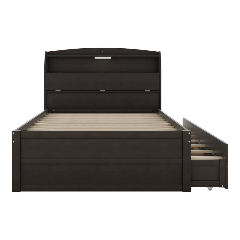 Wood Captain Bed Platform Bed with Trundle and 3 Drawers, Single Bed Frame with Storage Headboard and Integrated LED Light
