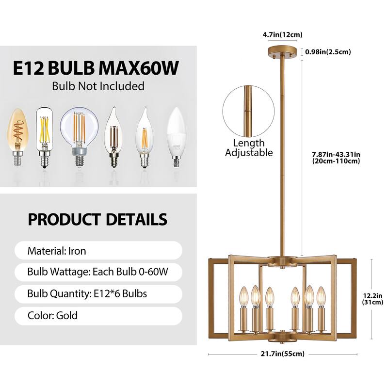 22" 6-Light Gold Geometric Chandelier - Industrial - Living Kitchen (Bulb Not Included)