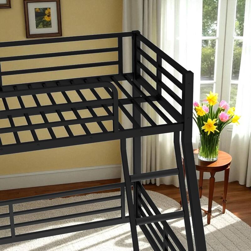Metal Twin Over Full/Full Over Full Floor Bunk Bed Frame, Heavy-Duty Quiet Design with Safety Guardrails