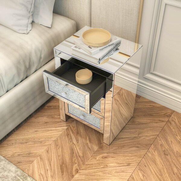Mirrored Night Stand Bedside Tables Drawer Crystal Diamond