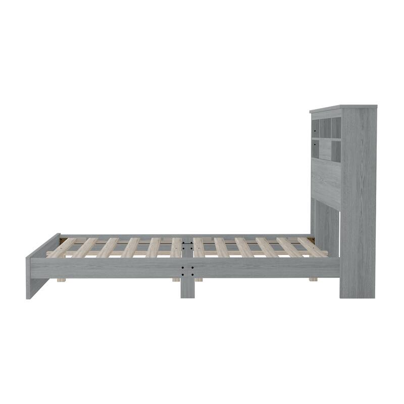 Wooden Platform Bed with Storage Headboard and USB Charging Ports