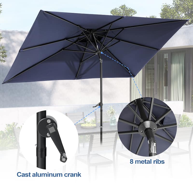 11PC Outdoor Patio Dining Set Aluminum Table with Stackable Armchairs w/ Premium Market Umbrella Sets