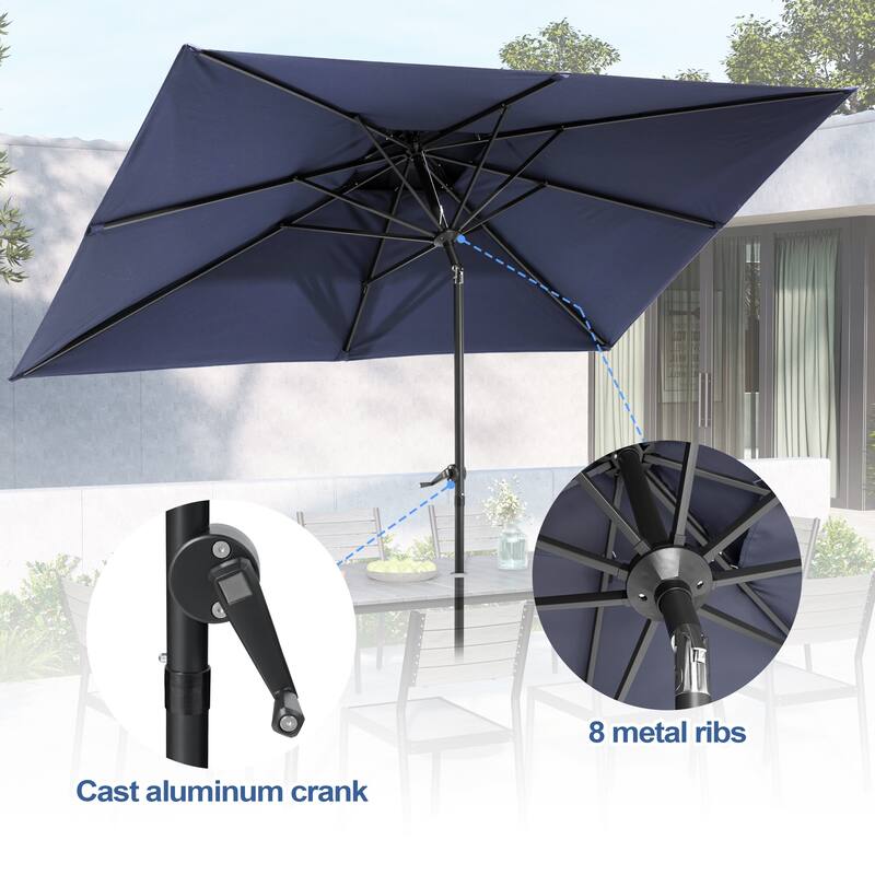 9PC Outdoor Patio Dining Set Aluminum Table with Stackable Chairs w/ Market Umbrella Set