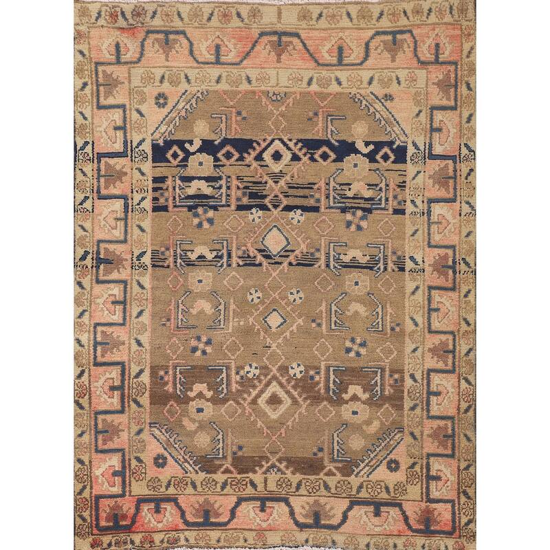 Geometric Hamedan Vintage Persian Rug Handmade Wool Carpet - 3'10"x 5'1"