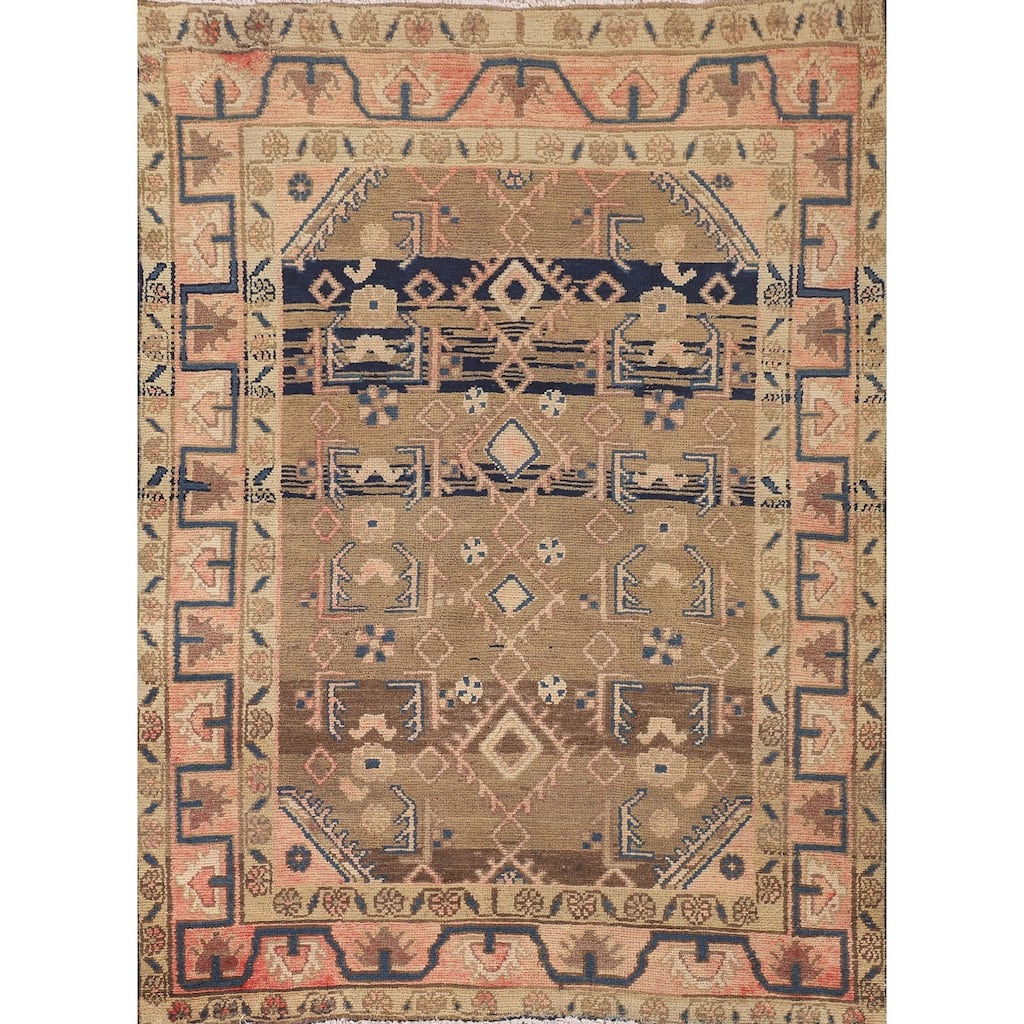 Geometric Hamedan Vintage Persian Rug Handmade Wool Carpet - 3'10"x 5'1"