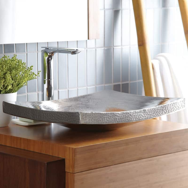 Kohani Hand-Hammered Copper Curved Vessel Bathroom Sink - 20 x 15 x 4 - Brushed Nickel