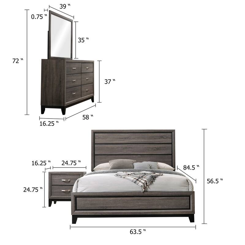 Mela 4pc Queen Bedroom Set, Nightstand Dresser and Mirror, Oak Gray