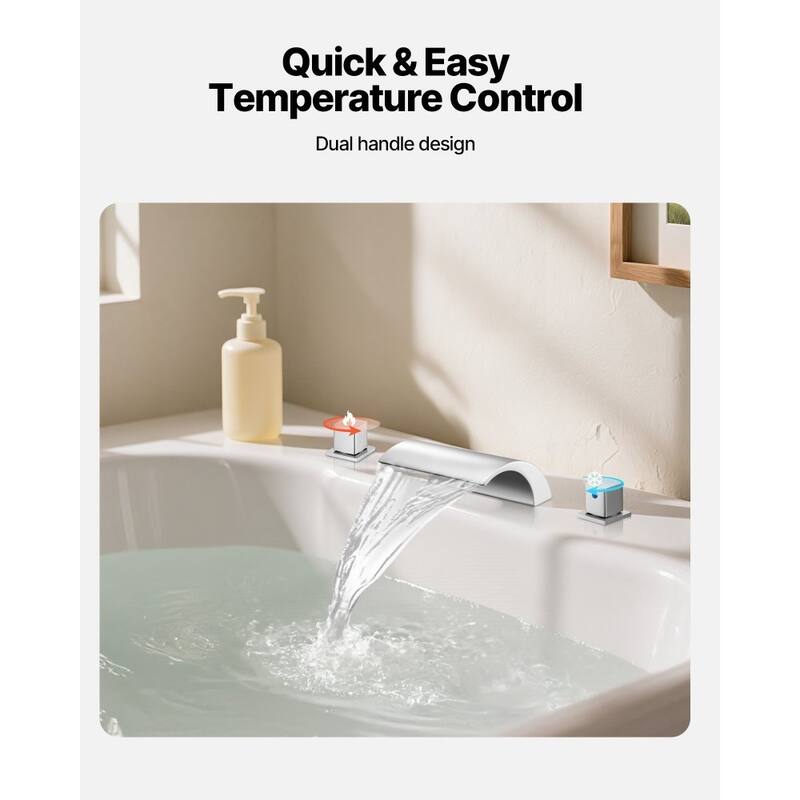 Silver Stainless Steel Deck Mounted Roman 3-Hole Tub Faucet with Dual Handles and Fast Fill Bathtub - 5.32” x 7.09” x 6.69”