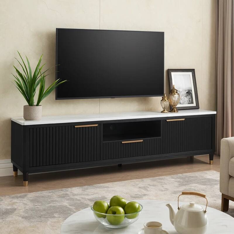 Frey TV Media Stand, 1 Drawer and Compartment, Brass Hardware, Black Wood