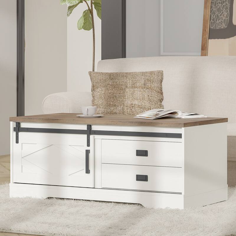 WAMPAT Rustic Coffee Table with Drawer and Storage - 47x22.4 - Antique White