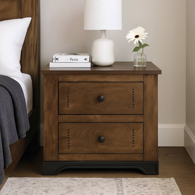 Linaa End Nightstand, 2 Drawers, Barrel Brown Wood Frame, 30 Inch