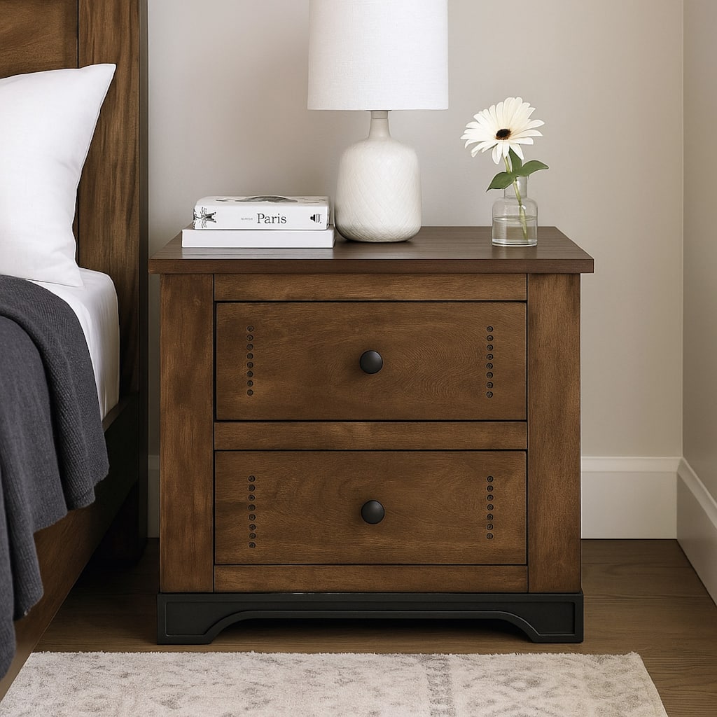 Linaa End Nightstand, 2 Drawers, Barrel Brown Wood Frame, 30 Inch