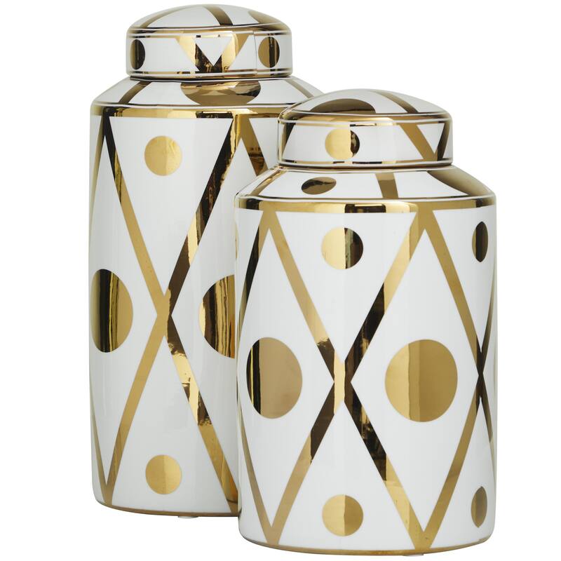 Ceramic Geometric or Floral Living Room Decorative Jars - Set of 2 White, Gold, Silver, Black, Blue - Roche River Decor