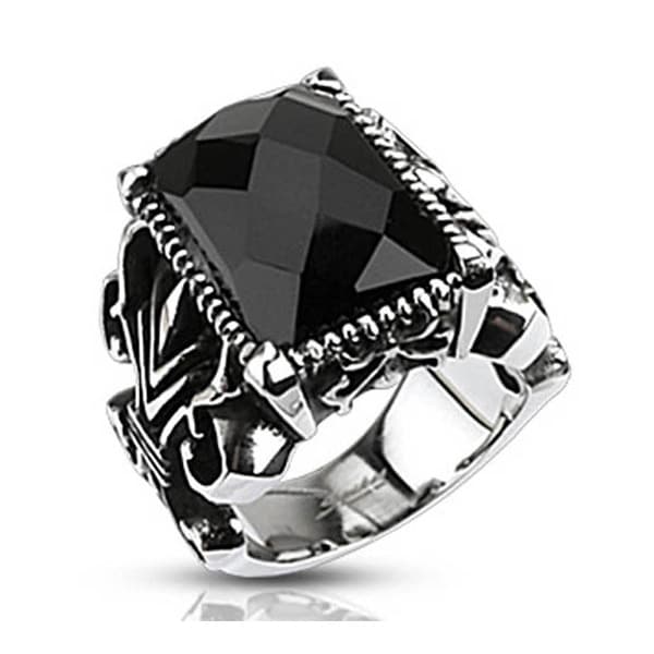 Stainless Steel Rectangle Onyx Faceted Stone set Gothic Ring