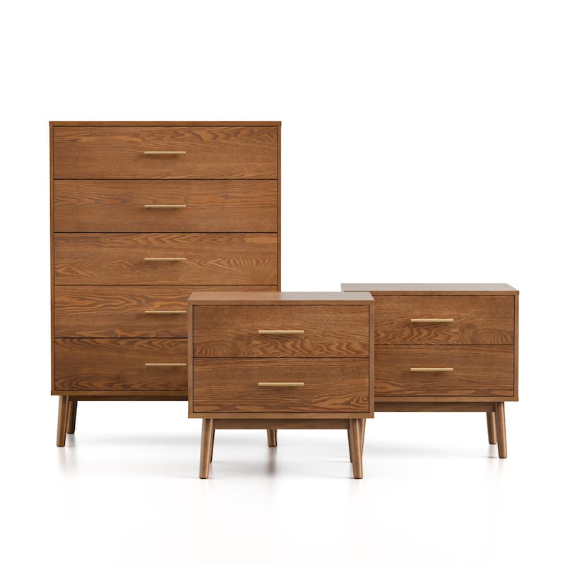 Furniture of America Beau Midcentury 3-Piece Walnut Chest and 2 Nightstand Bedroom Set