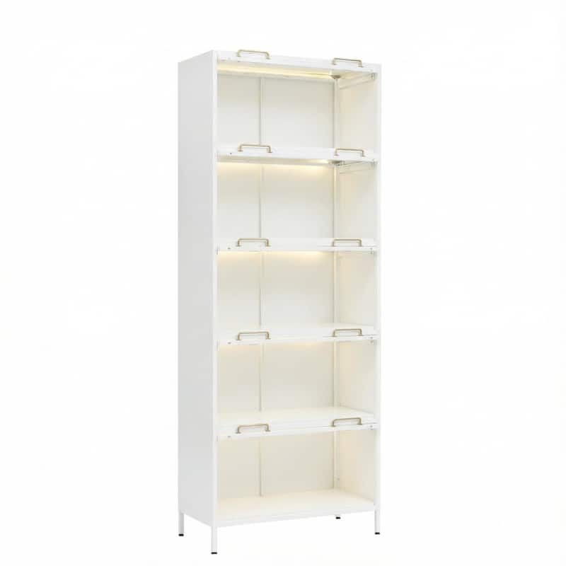76.75" Tall Iron Display Cabinet with Glass Doors & LED Lights, 5-Tier Curio for Collectibles