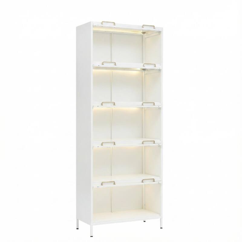 76.75"Iron Display Cabinet with Glass Doors,5-Tier Steel Barister Bookcase with LED Lights,Modern Curio Cabinet for Living Room