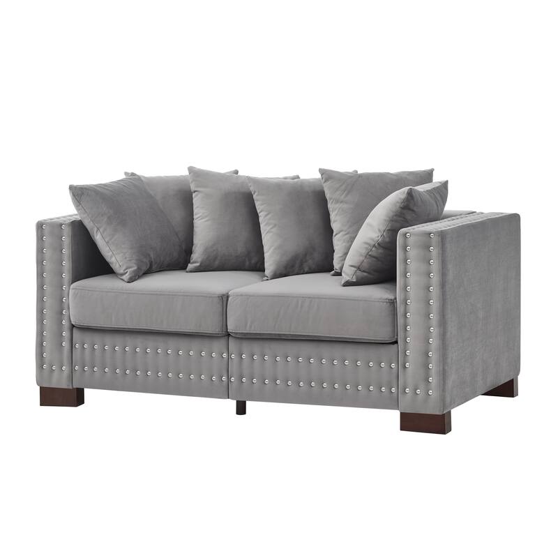 Velvet Loveseat Sofa with Storage, Comfy Upholstered Deep Seat Sofa, 2-Seater Sofa with Nailhead Trim & 6 Throw Pillows