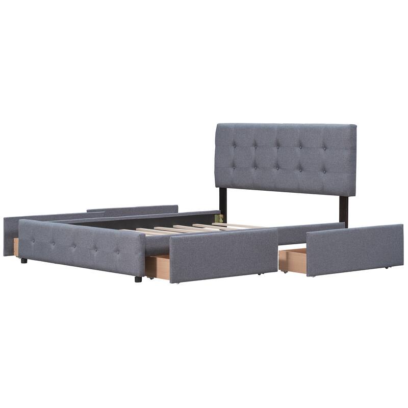 Dark Grey Tufted Design Upholstered Bed Queen Size Platform Bed with 4 Storage Drawers, No Box Spring Needed Slats Bed Frame