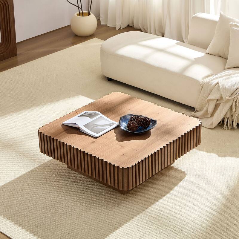 35.43 Inch Modern Handcraft Square Accent Coffee Table with Sturdy for Living Room - Walnut