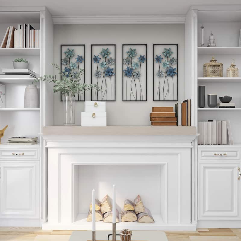 Teal Metal Floral Home Wall Decor with Black Frames and Gold Accents (Set of 2)