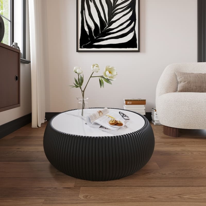 27.55" Modern Drum-shaped Marble Top Coffee Table with Microfiber Leather - Black