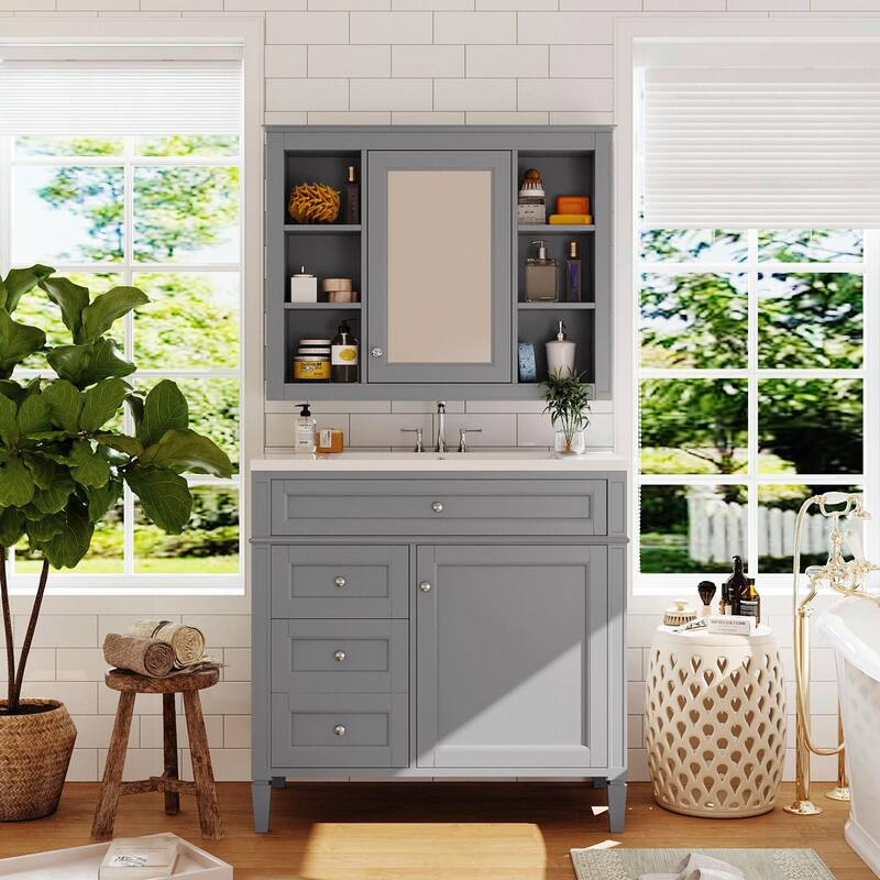 36'' Bathroom Vanity with Top Sink - Modern Storage Cabinet with Mirror