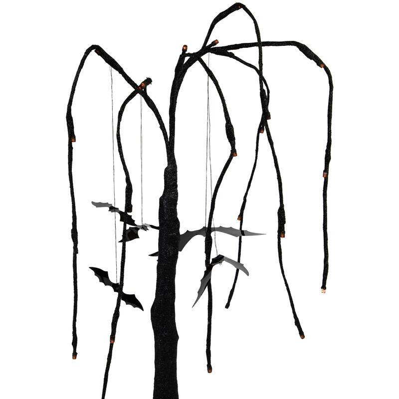 24" LED Black Glittered Halloween Willow Tree With Bats Orange Lights