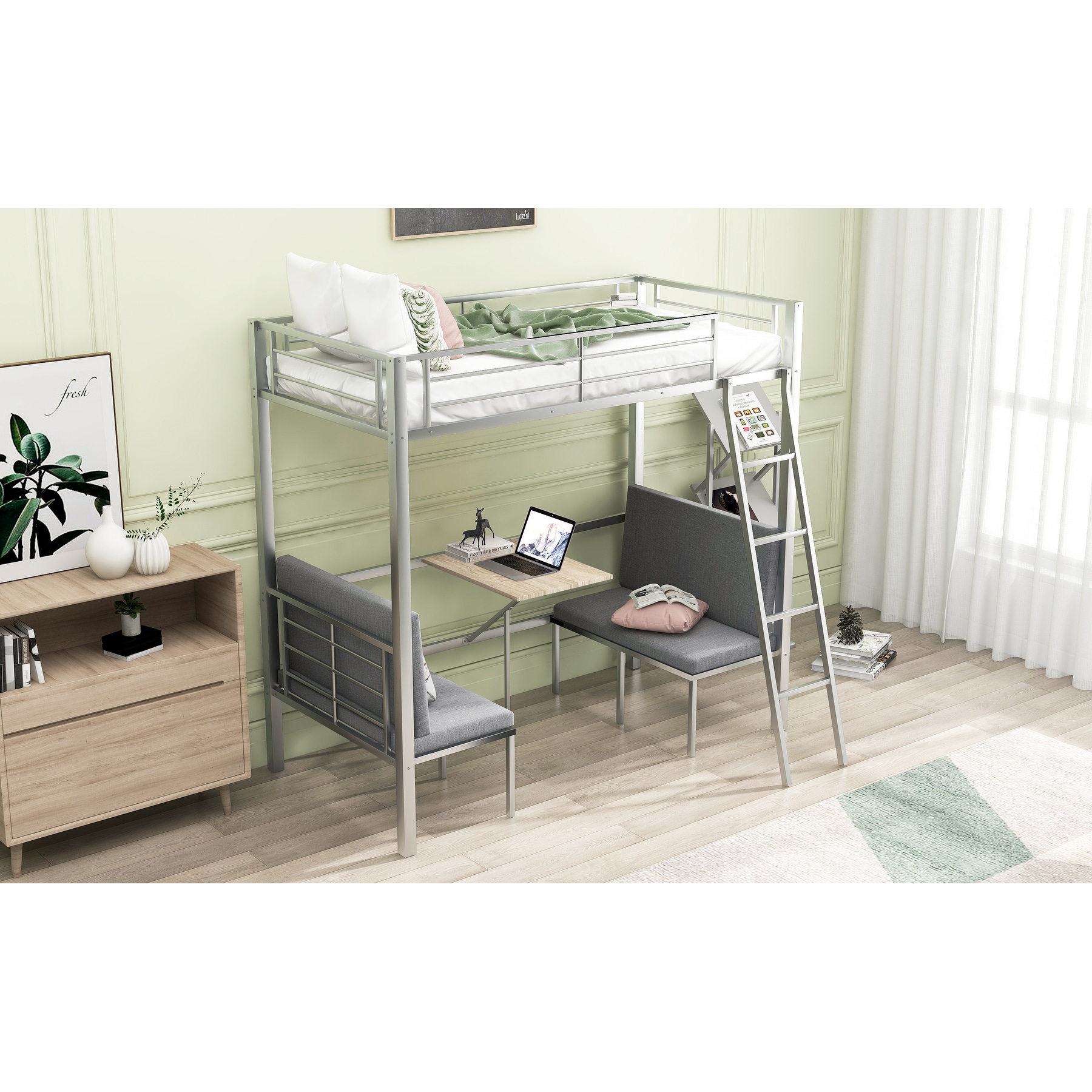 Twin Size over Built in Wooden Table and Upholstery Chairs Set Bed