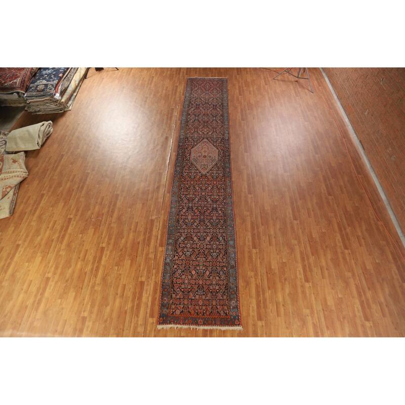 Hand Knotted Oriental 100% Wool Carpet Traditional Geometric Navy Blue & Blues Bidjar Runner Rug - 19' 6'' X 3' 5''
