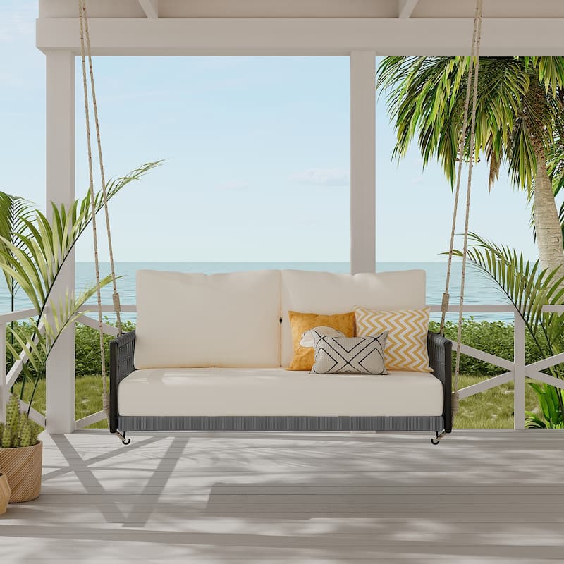 1-Piece Woven Rope Outdoor Swing Sofa with Soft Cushions Seating 2 for Patio, Courtyard and Balcony - Beige