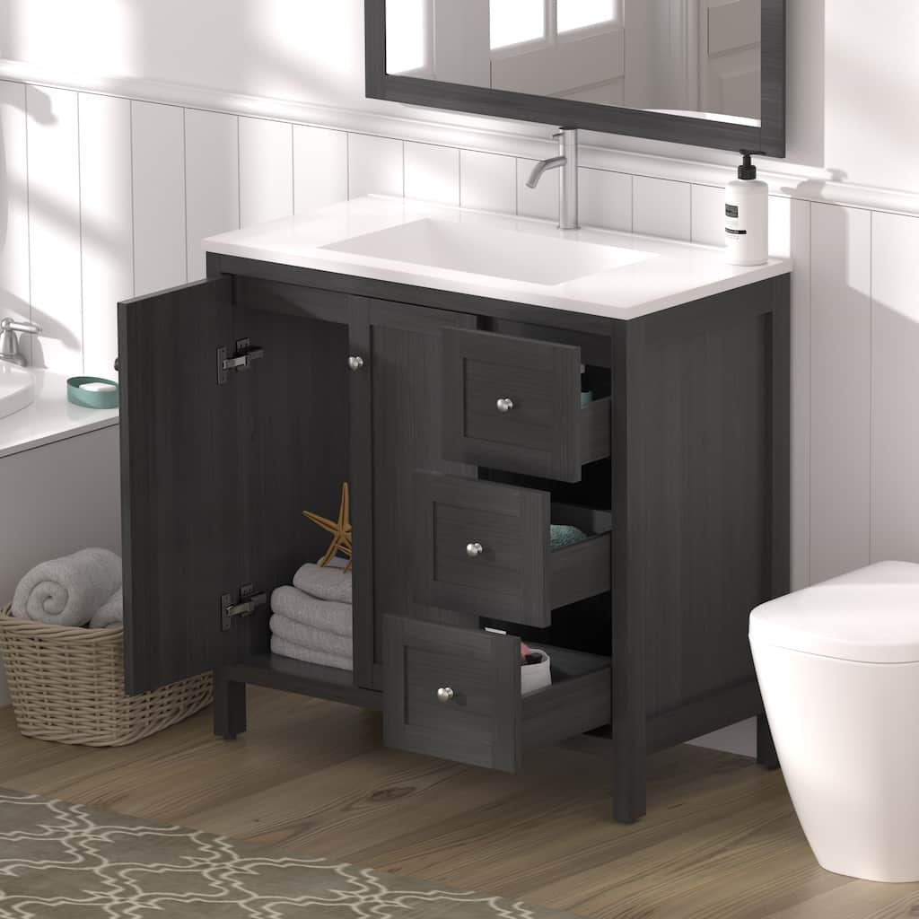 GDF Studio - Munich Modern 35.5" Plywood Bathroom Vanity with 3 Soft-Close Storage Drawers and Basin