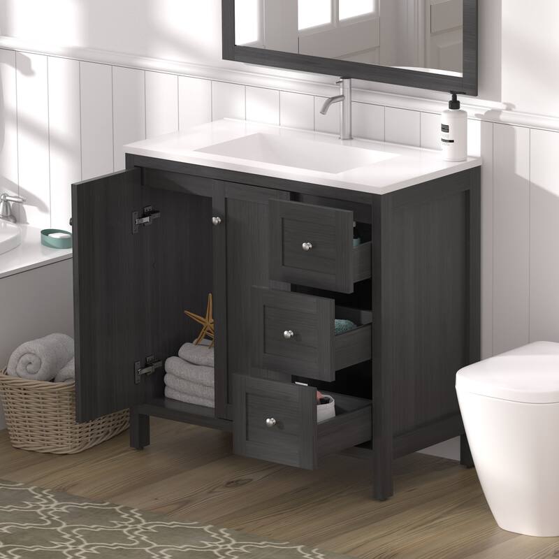 GDFStudio - Munich Modern 35.5" Plywood Bathroom Vanity with 3 Soft-Close Storage Drawers and Basin