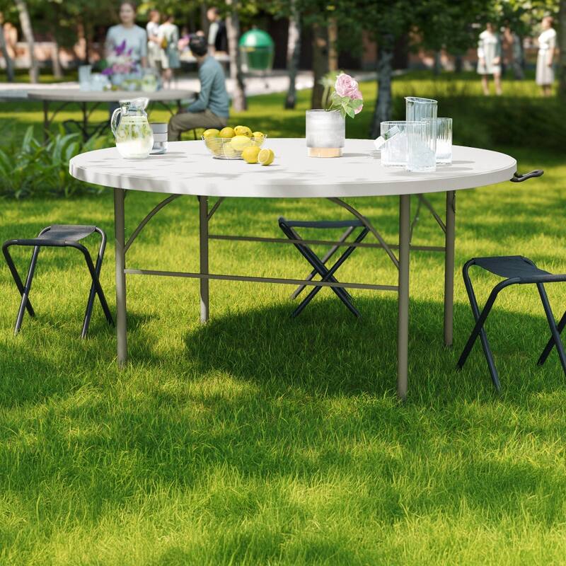 5-Foot Round Bi-Fold Plastic Folding Table with Carrying Handle - 60.5"W x 60.5"D x 29.5"H