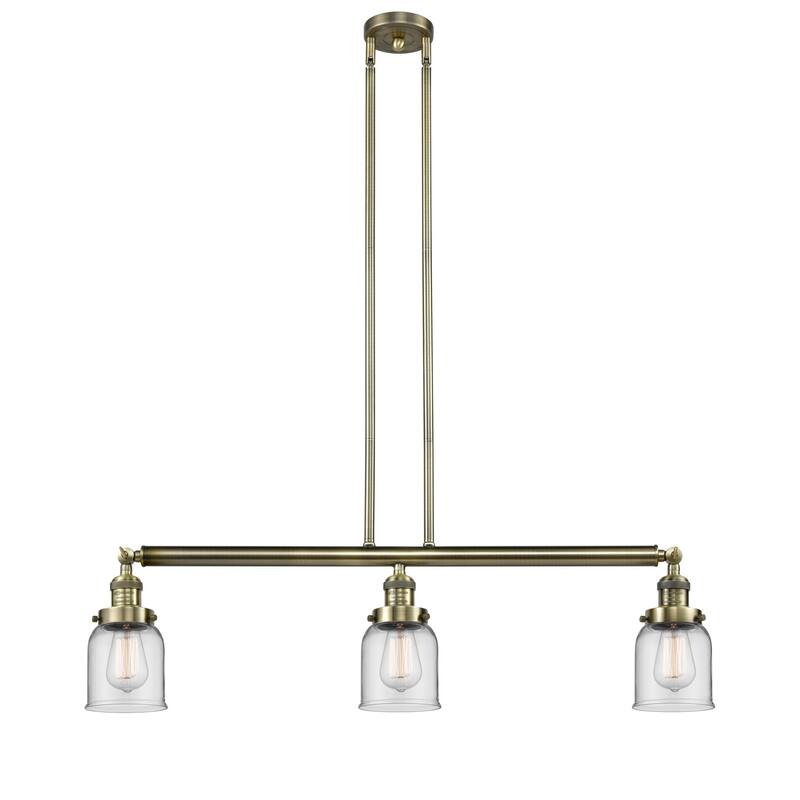 Innovations Lighting Small Bell 3 Light 38" Wide Linear Chandelier - Antique Brass / Clear