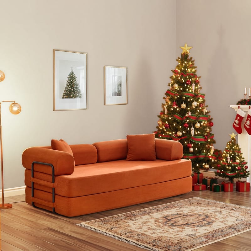 Mixoy Convertible Pull Out Sleeper Sofa Bed with Movable armrest,Folding Mattress Couch,Removable Washable Floor Sofa Bed - 78.7"L x 37.8"W x 30.3"H - Orange