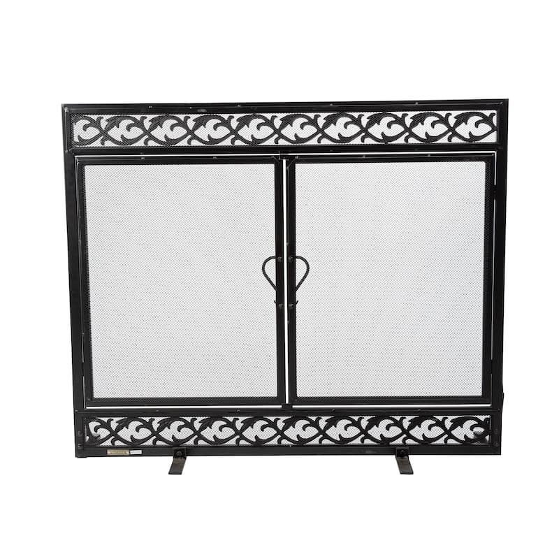 38" x 31" Cast Iron Scrollwork Fire Screen With Doors - Black
