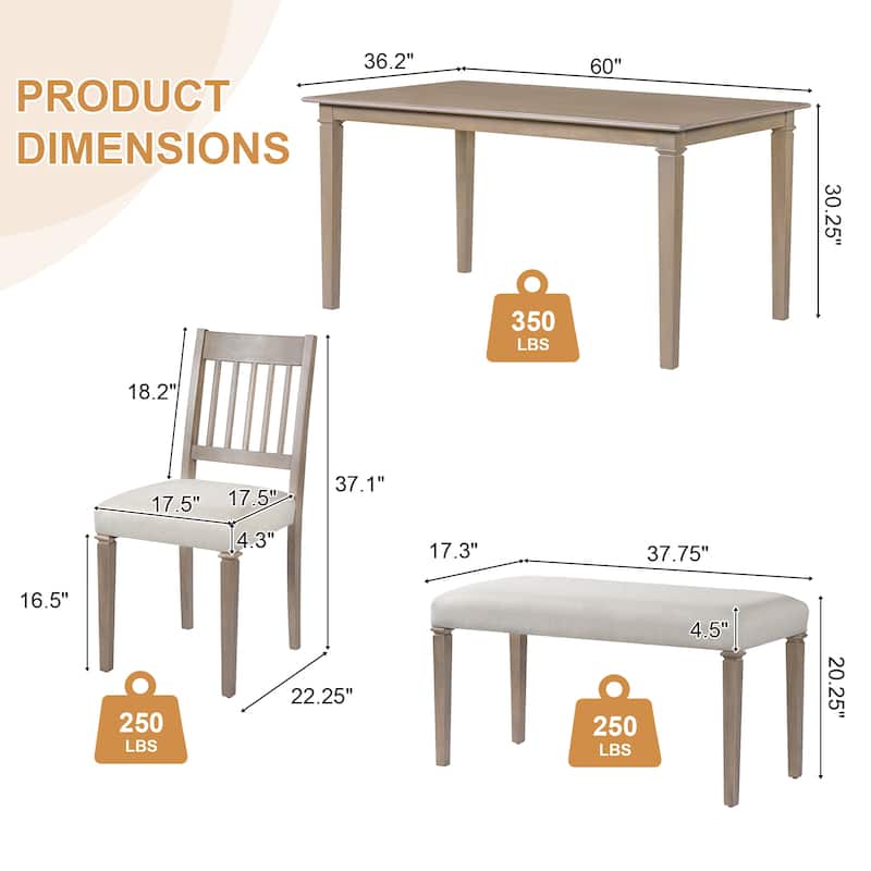 6-Piece Retro Dining Room Set, Classic Kitchen Furniture Set, Wooden Rectangular Table and 4 Chairs with Bench