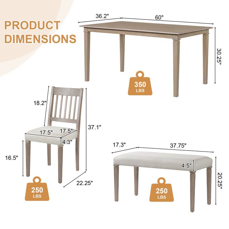 Roomfitters 6-Piece Retro Dining Room Set, Wooden Rectangular Table with 4 Upholstered Chairs and Bench, Space Saving